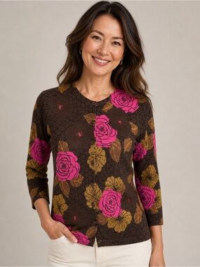 Garnet Hill Women’s Brown Floral Cardigan Lightweight 100% Wool Sz S Cottagecore